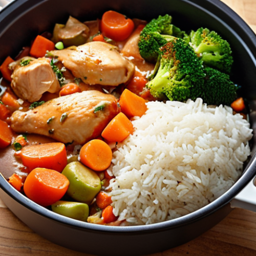 Home 23 **Chicken Stew Meal Prep:** A vibrant, appetizing photo showcasing a container of chicken stew with colorful vegetables and perfectly cooked rice. Focus on highlighting the fresh ingredients and the convenience of a ready-to-eat meal.
