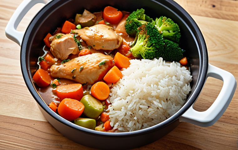 **Chicken Stew Meal Prep:** A vibrant, appetizing photo showcasing a container of chicken stew with colorful vegetables and perfectly cooked rice. Focus on highlighting the fresh ingredients and the convenience of a ready-to-eat meal.