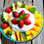 A vibrant and colorful fruit salad with a generous dollop of creamy white coconut cream on top, garnished with a sprig of mint. The fruit salad includes mango, pineapple, kiwi, and strawberries, presented in a clear glass bowl on a bright, summery picnic table setting.