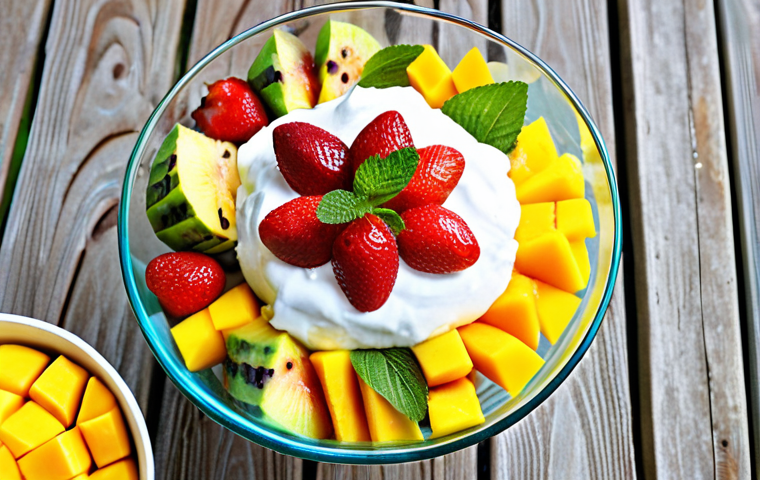 A vibrant and colorful fruit salad with a generous dollop of creamy white coconut cream on top, garnished with a sprig of mint. The fruit salad includes mango, pineapple, kiwi, and strawberries, presented in a clear glass bowl on a bright, summery picnic table setting.