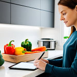 A focused Swedish woman in her late 20s or early 30s, dressed in a modest, comfortable long-sleeved top and professional pants, sitting at a clean, modern kitchen island. She is holding a pen and looking at a neatly organized meal prep notebook. A tablet is open next to her, displaying a digital meal plan or recipes. Fresh, colorful vegetables like bell peppers, broccoli, and carrots are neatly arranged in small bowls on the counter. The kitchen is bright, minimalist, and well-lit with natural light, showing clean countertops and modern appliances. Professional photography, high resolution, realistic, sharp focus, vibrant colors, soft lighting, perfect anatomy, correct proportions, well-formed hands, proper finger count, natural body proportions, safe for work, appropriate content, fully clothed, modest clothing, family-friendly.